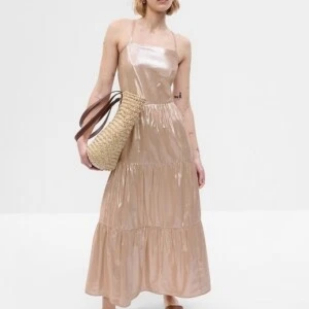 GAP Rose Gold Tie-Back Tiered Maxi Dress Small TALL